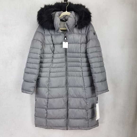 NEW Calvin Klein Size M Long Hooded Quilted Parka Winter Coat in Gray/Black NWT